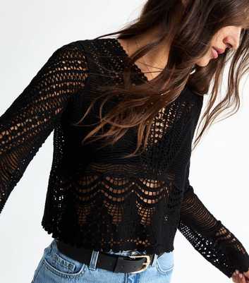 Black Crochet Long Sleeve Top