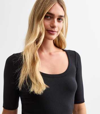 Black Scoop Neck Half Sleeve Rib Jersey Top