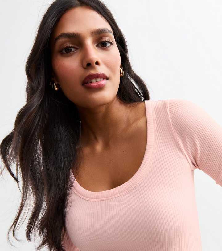 Pink Rib Top Pink Scoop Neck Half Sleeve Rib Jersey Top | New Look