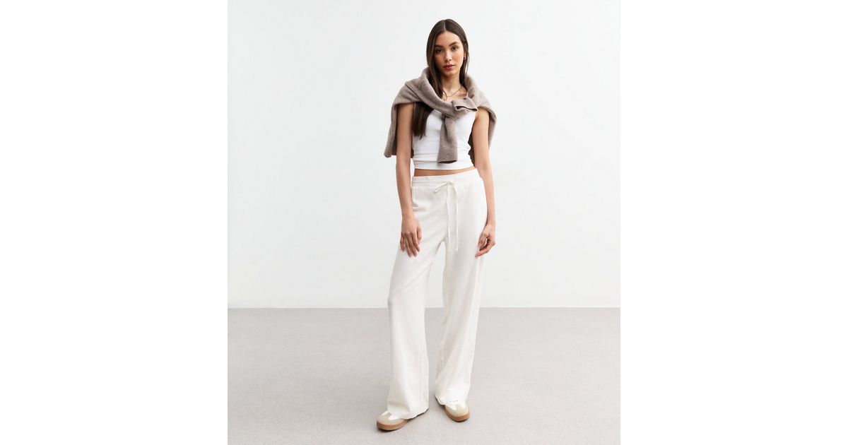 White Linen Blend Drawstring Waist Trousers New Look