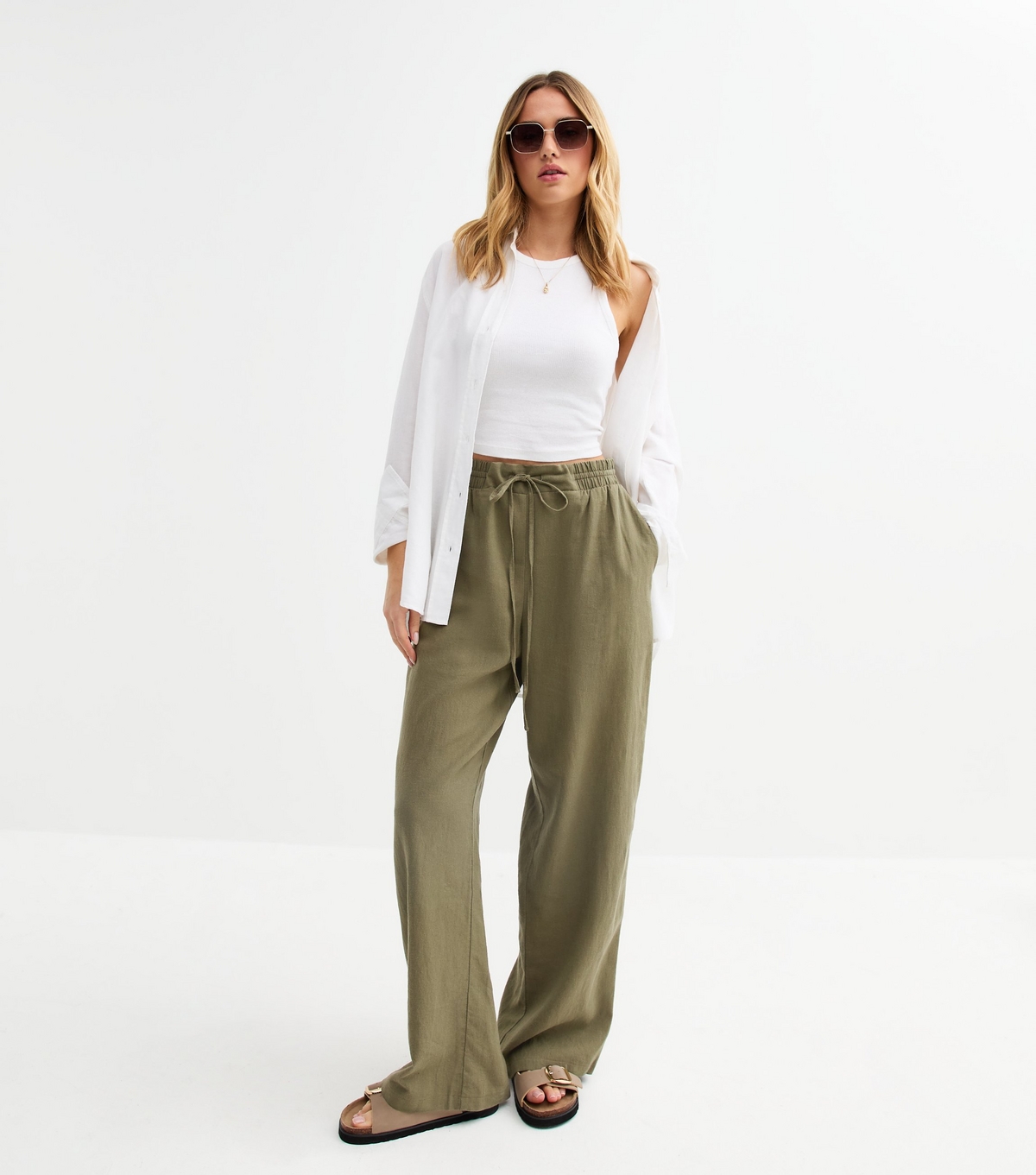Women's Khaki Green Linen Blend Drawstring Waist Trousers New Look