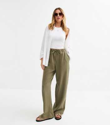 Khaki Green Linen Blend Drawstring Waist Trousers