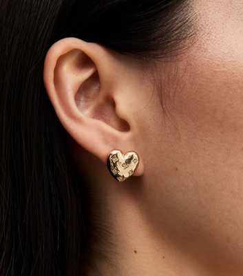 Gold Diamanté Engraved Heart Stud Earrings