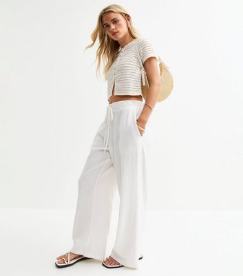 Petite White Linen Blend Drawstring Trousers