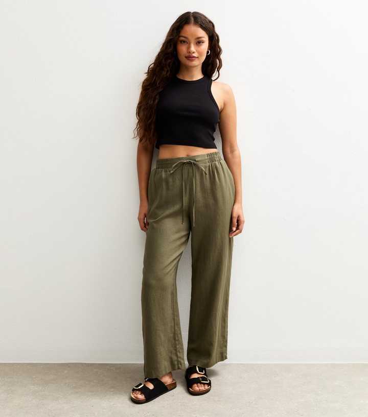 Petite Khaki Linen Blend Drawstring Trousers