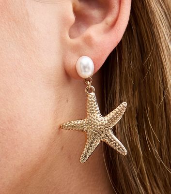 Gold Tone Faux Pearl Starfish Earrings