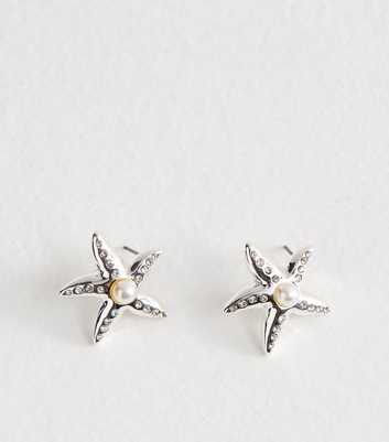 Silver Tone Faux Pearl Starfish Stud Earrings