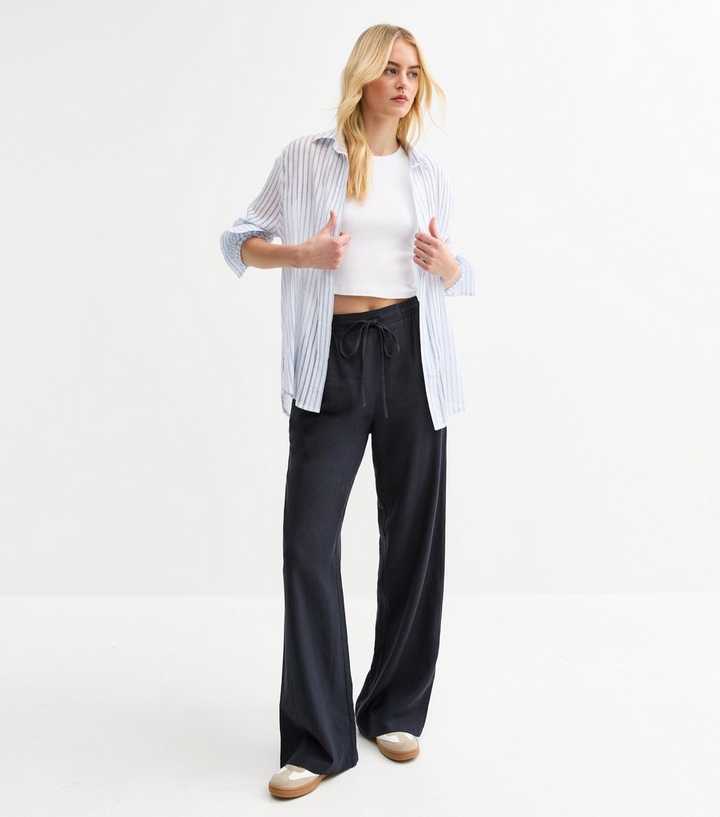Tall Navy Linen Blend High Waisted Wide Leg Trousers