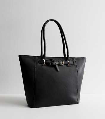 Black Faux Leather Buckle Tote Bag