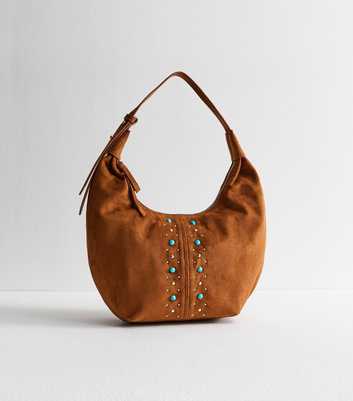 Tan Faux Suede Studded Shoulder Bag