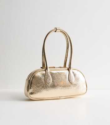 Gold Faux Leather Top Handle Bowling Bag