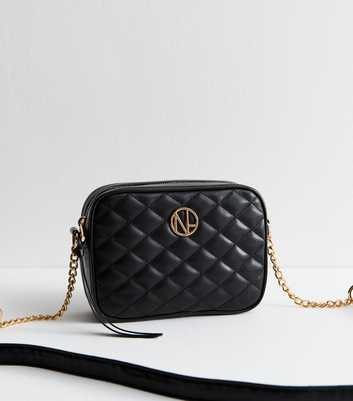 Black Faux Leather Quilted Crossbody Bag