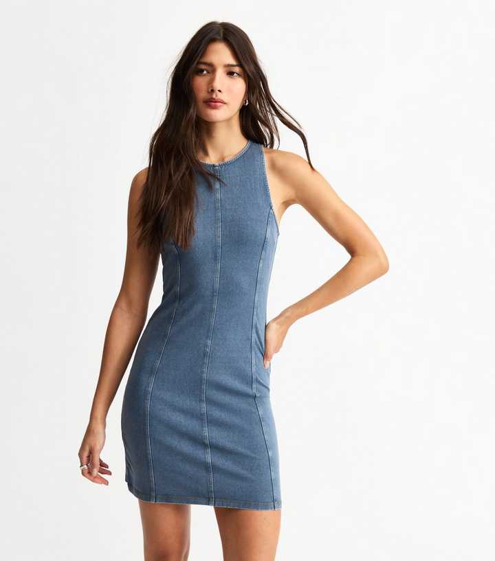 Blue Jersey Acid Wash Racer Mini Dress