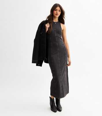 Black Denim Look Acid Wash Midi Dress