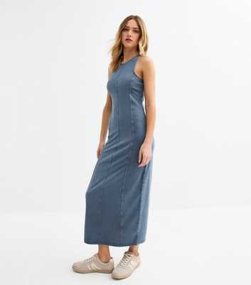Blue Denim Look Acid Wash Midi Dress