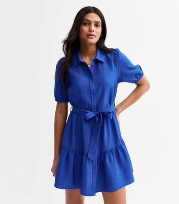 Blue Textured Belted Tiered Shirt Dress