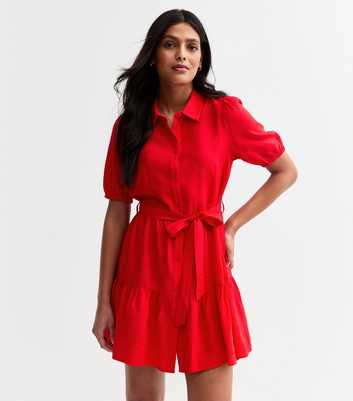 Red Textured Belted Tiered Shirt Dress