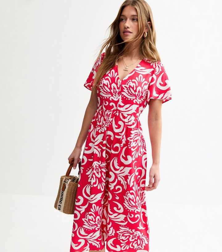 Red Pattern Print Buttoned Midi Dress | New Look