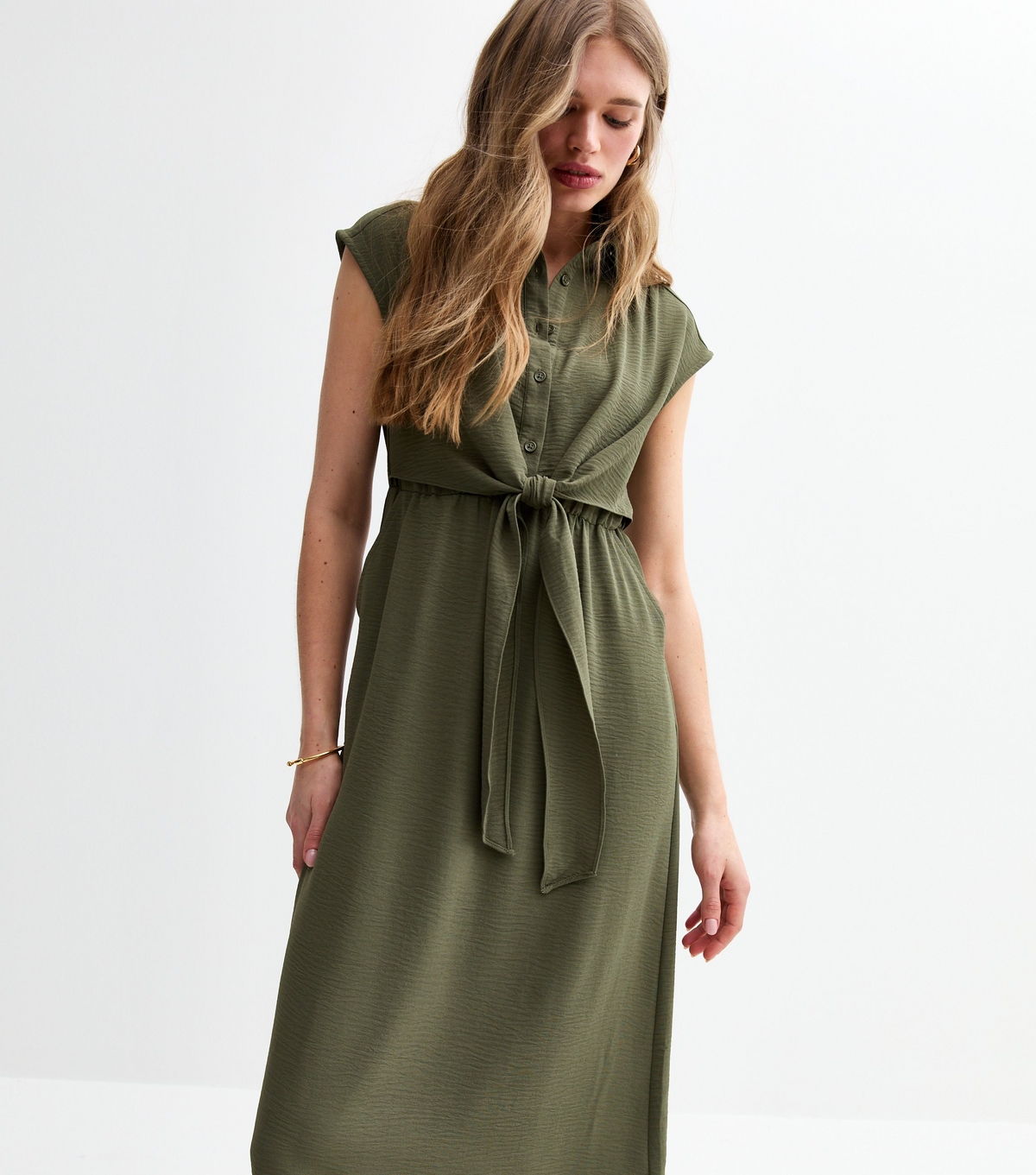 Women's Dark Khaki Crinkle Texture Tie Front Midi Shirt Dress  New Look