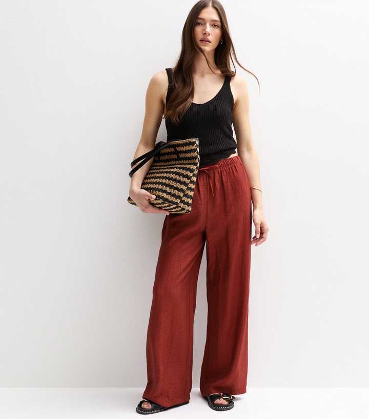 Dark Red Crinkled Wide Leg Trousers