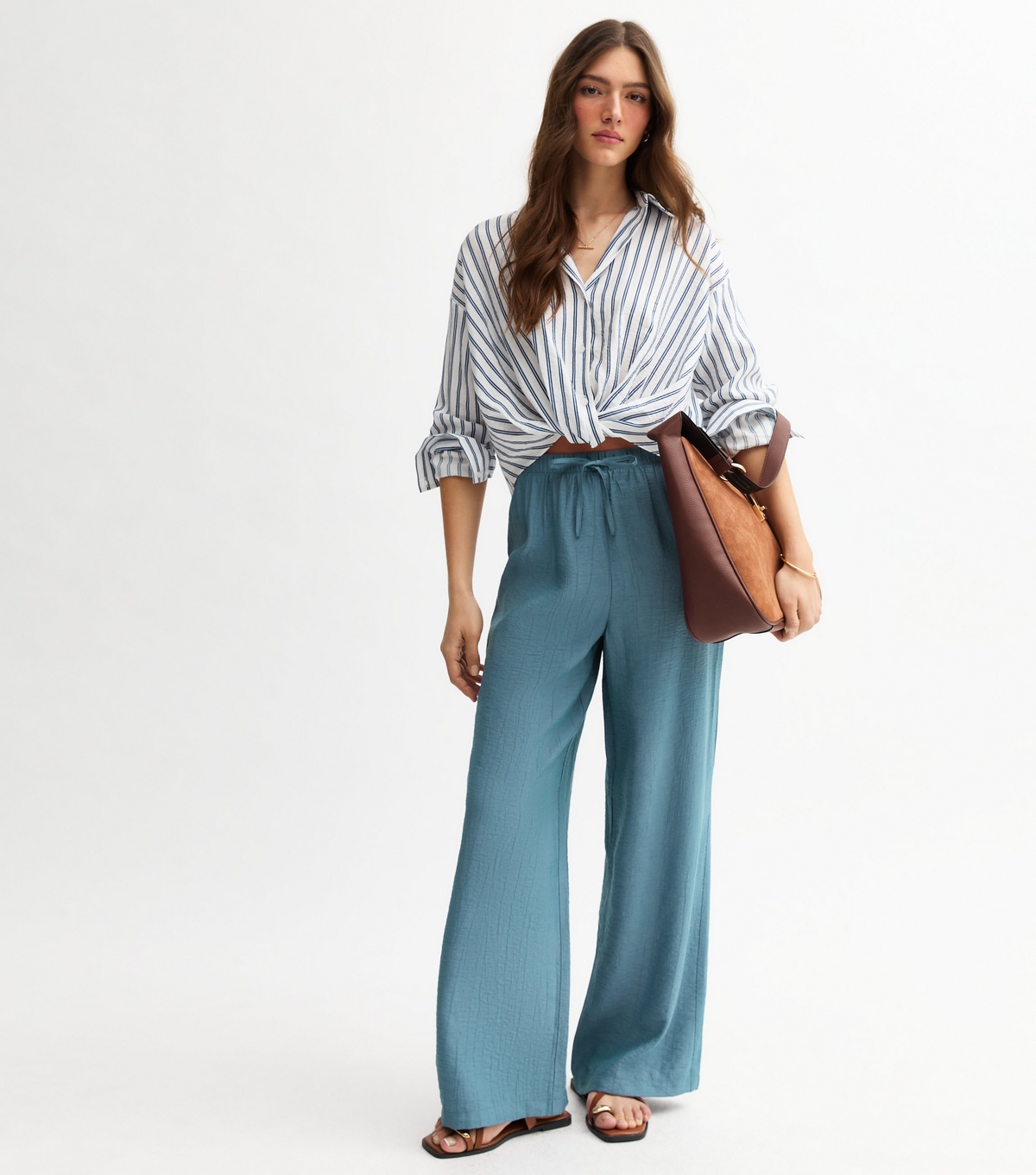 Women's Blue Crinkled Wide Leg Trousers New Look