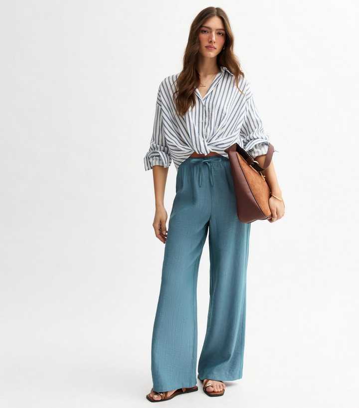 Blue Crinkled Wide Leg Trousers
