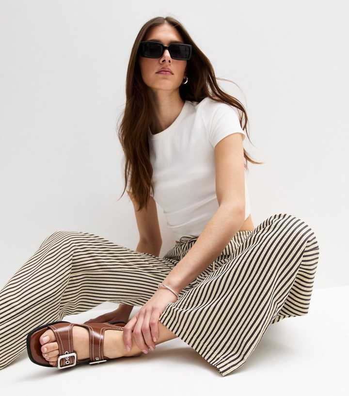 Black Crinkle Textured Striped Wide Leg Trousers