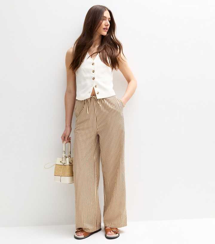 Brown Crinkle Textured Striped Wide Leg Trousers