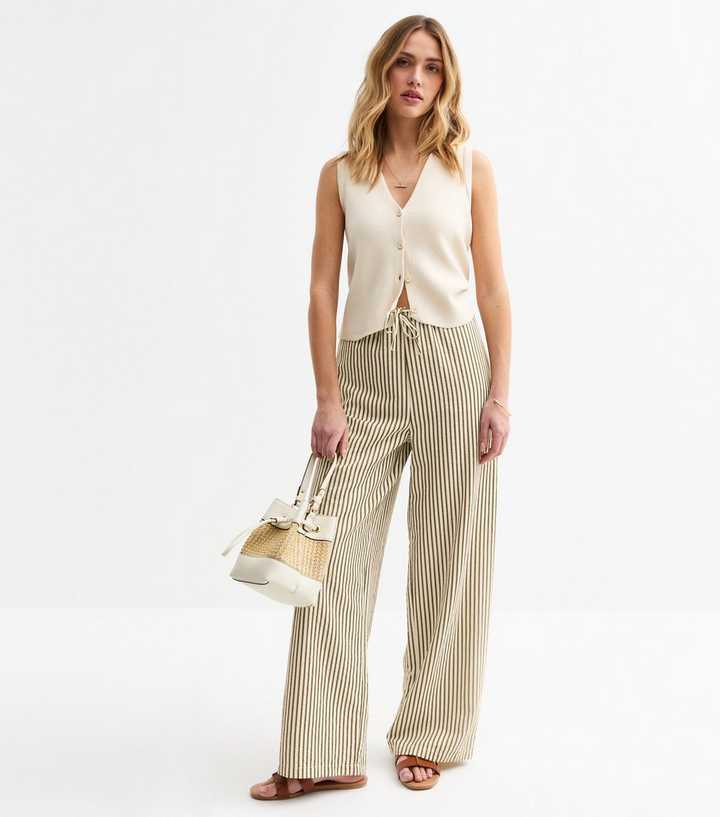 Green Crinkle Textured Striped Wide Leg Trousers