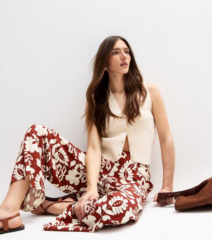 Brown Floral Print Wide Leg Trousers