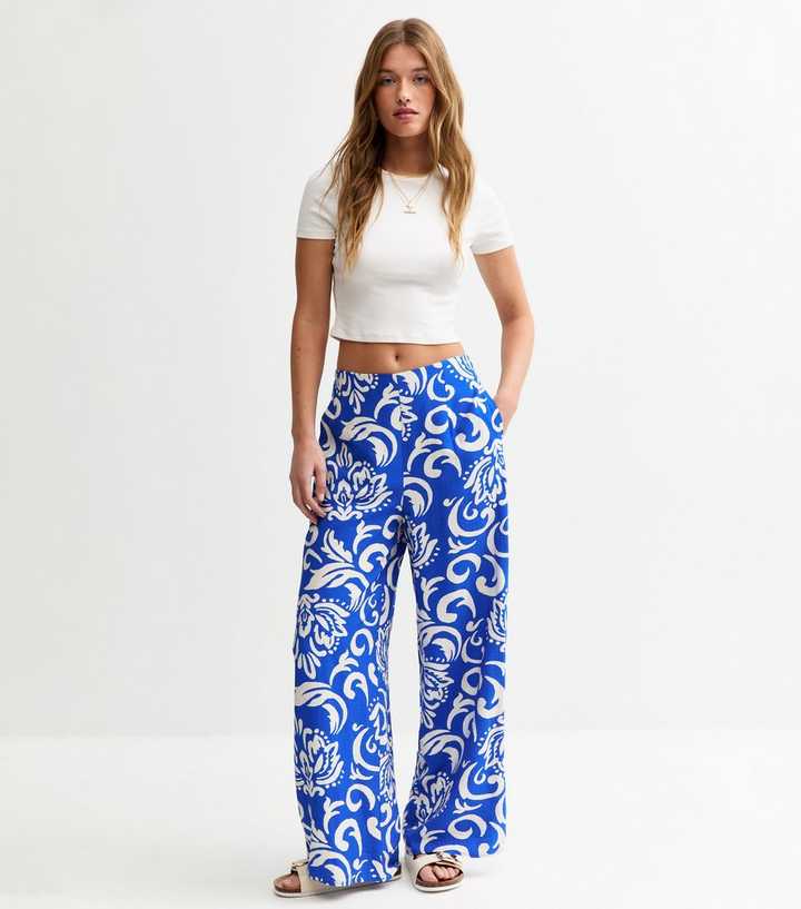 Blue Floral Print Wide Leg Trousers
