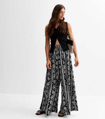 Black Floral Print Palazzo Trousers