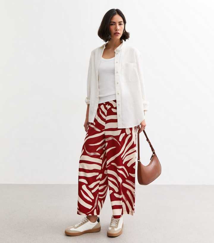 Brown Abstract Print Wide Leg Trousers