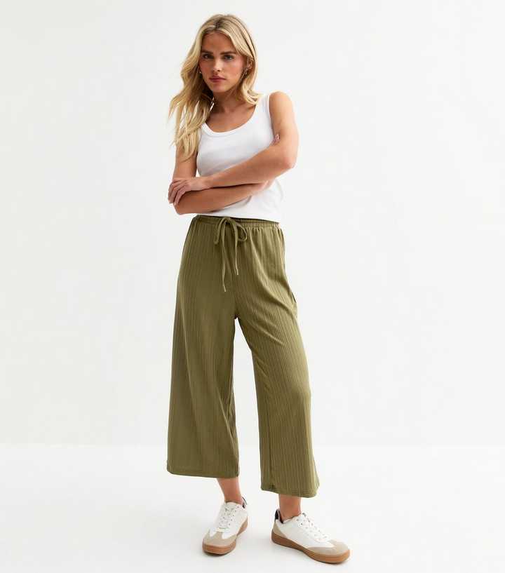 Petite Khaki Ribbed Cropped Trousers