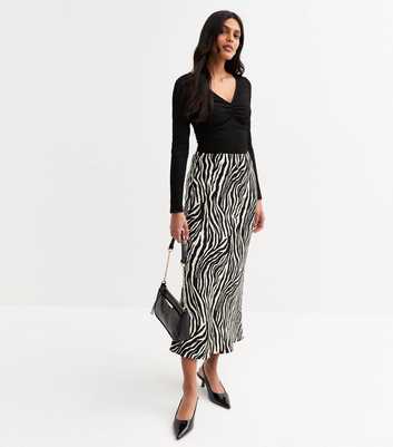 Black Zebra Print Satin Bias Cut Midi Skirt