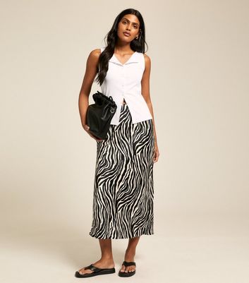 Black Zebra Print Satin Bias Cut Midi Skirt | New Look