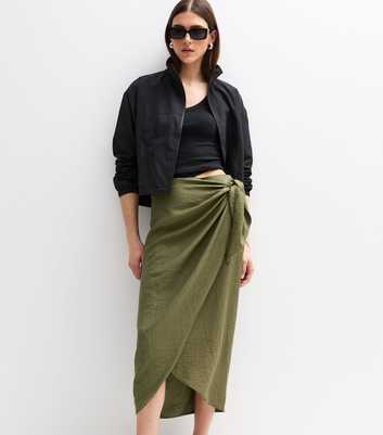 Khaki Crinkled Sarong Midi Skirt