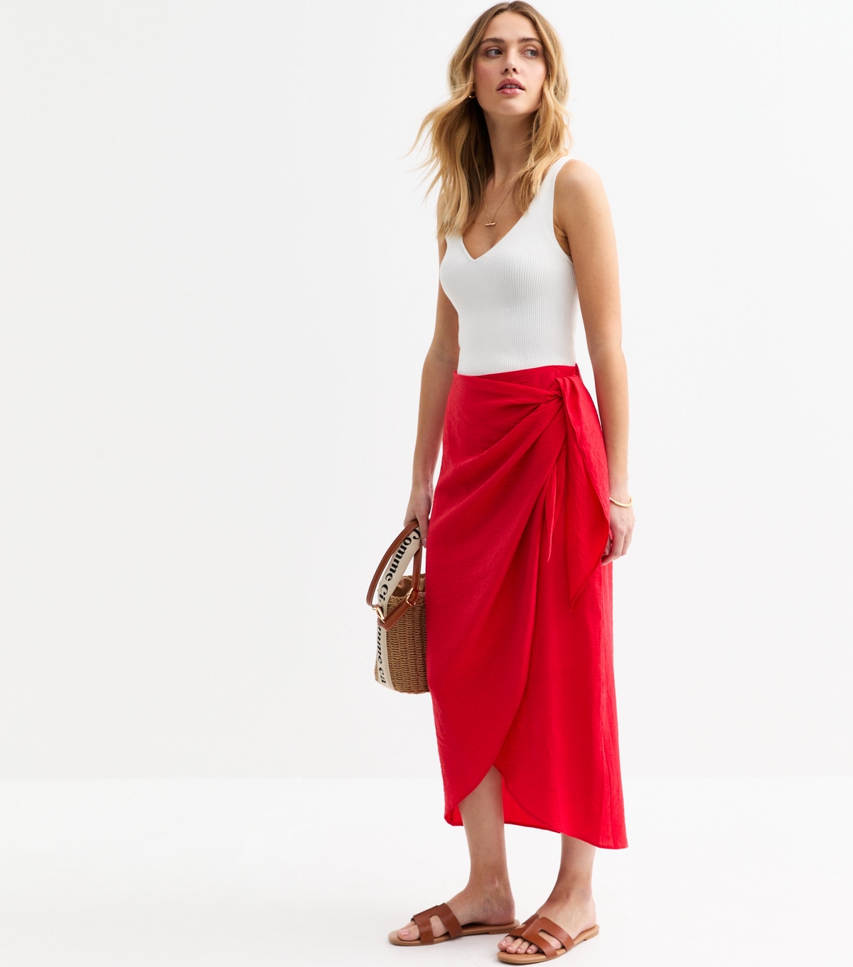 Women's Red Crinkled Sarong Midi Skirt New Look