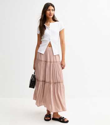 Pink Lace Insert Chiffon Midi Skirt