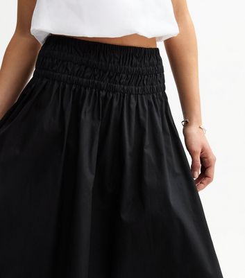 Black Shirred Waist Poplin Midi Skirt | New Look