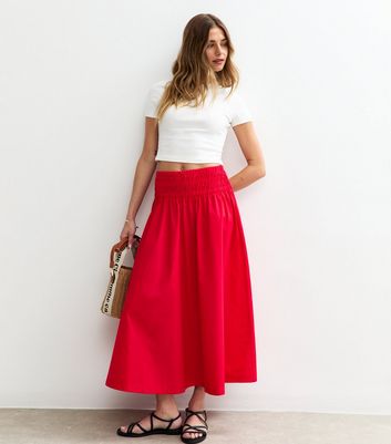 Red Shirred Waist Poplin Midi Skirt | New Look