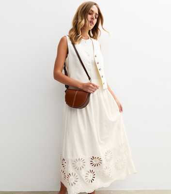 White Embroidered Cutout Hem Midi Skirt