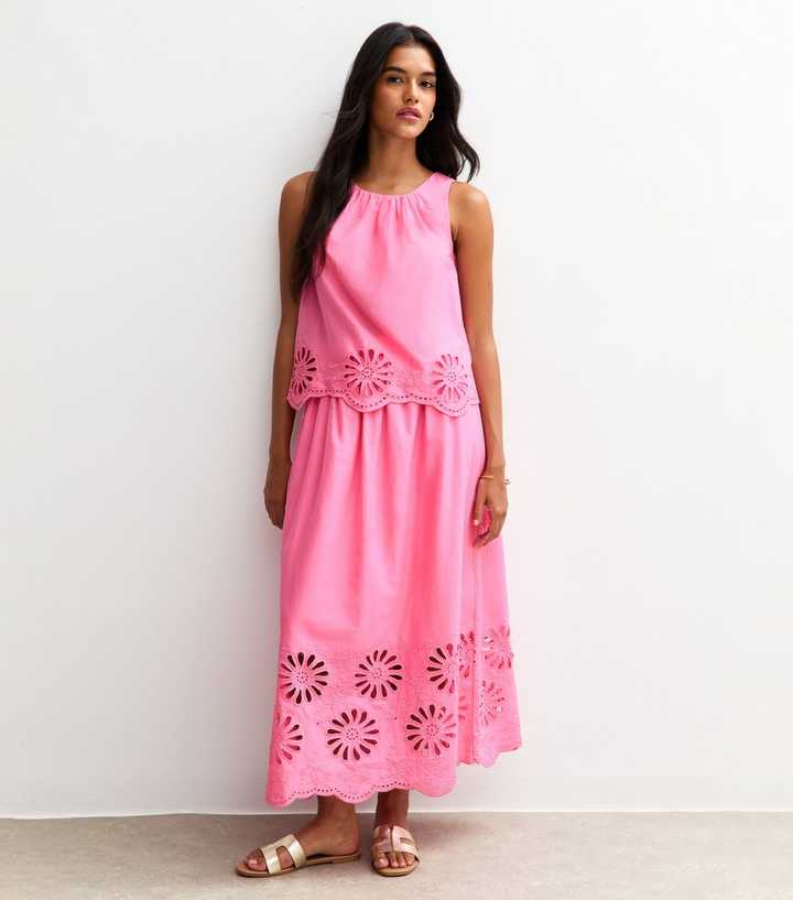 Pink Embroidered Cutout Hem Midi Skirt