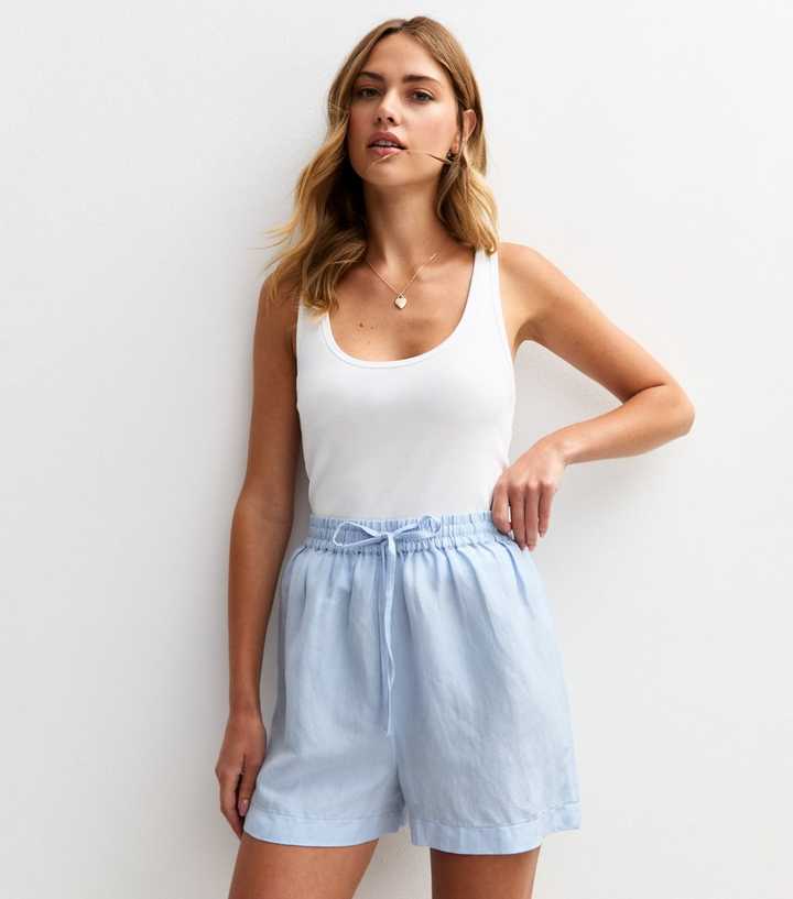 Light Blue Tie Waist Linen Blend Shorts