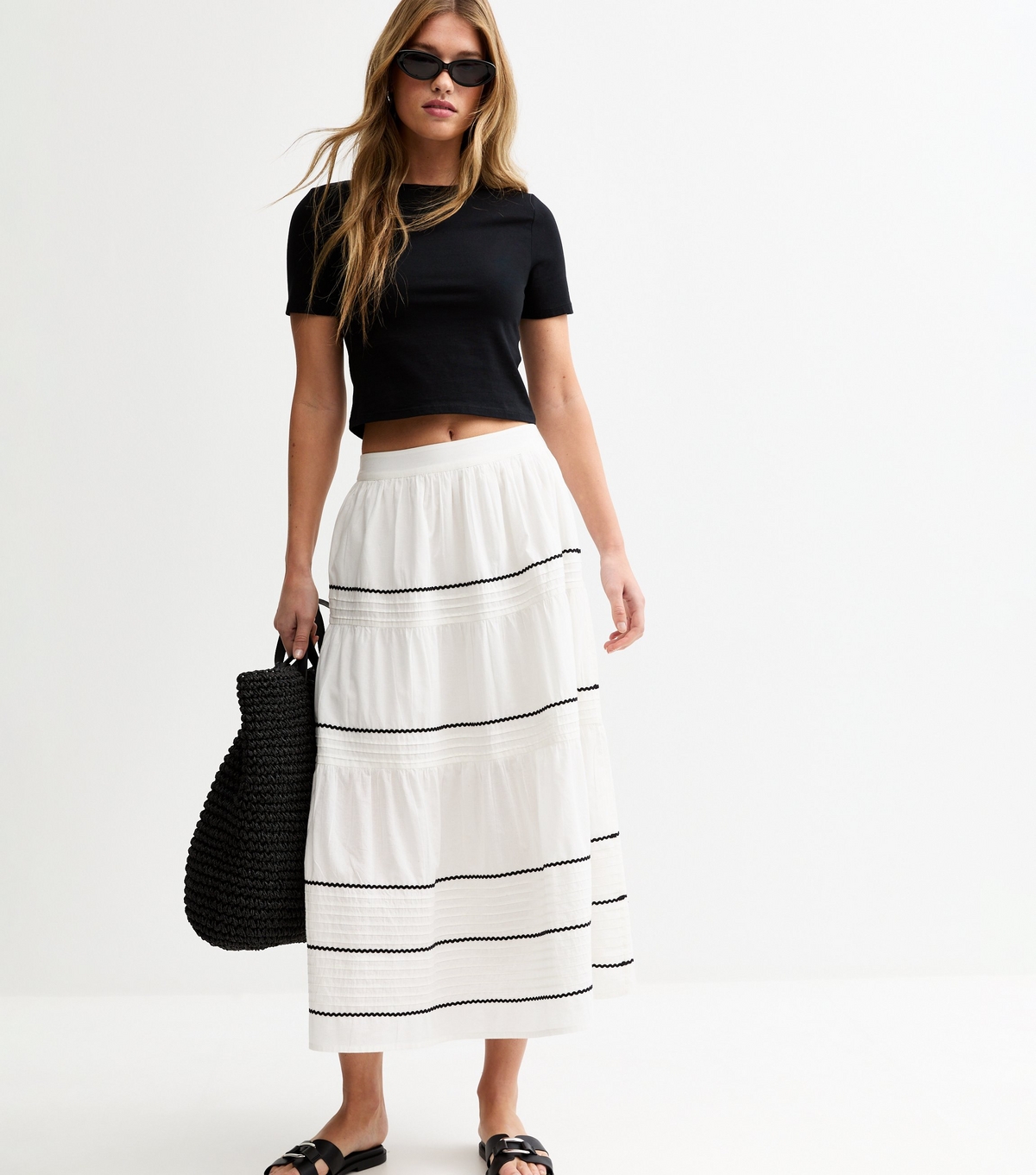 Women's White Ric Rac Tiered Midi Skirt New Look