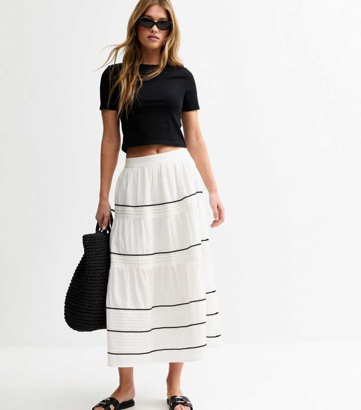 White Ric Rac Tiered Midi Skirt