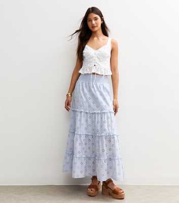 Light Blue Broderie Anglaise Tiered Midi Skirt