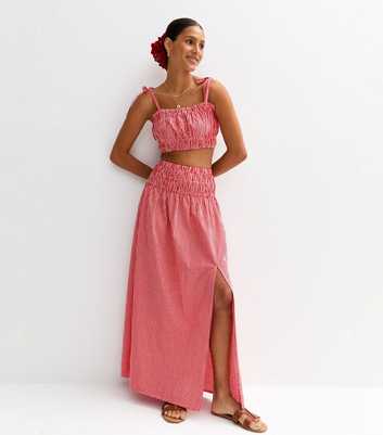 Red Gingham Check Slit Hem Maxi Skirt