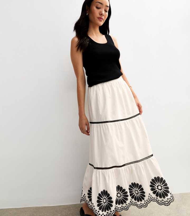 White Floral Embroidered Tiered Midi Skirt