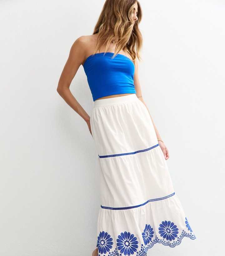 Corda Hem Skirt  White Cotton Twill with Curved Green Dori Embroidery main image 1